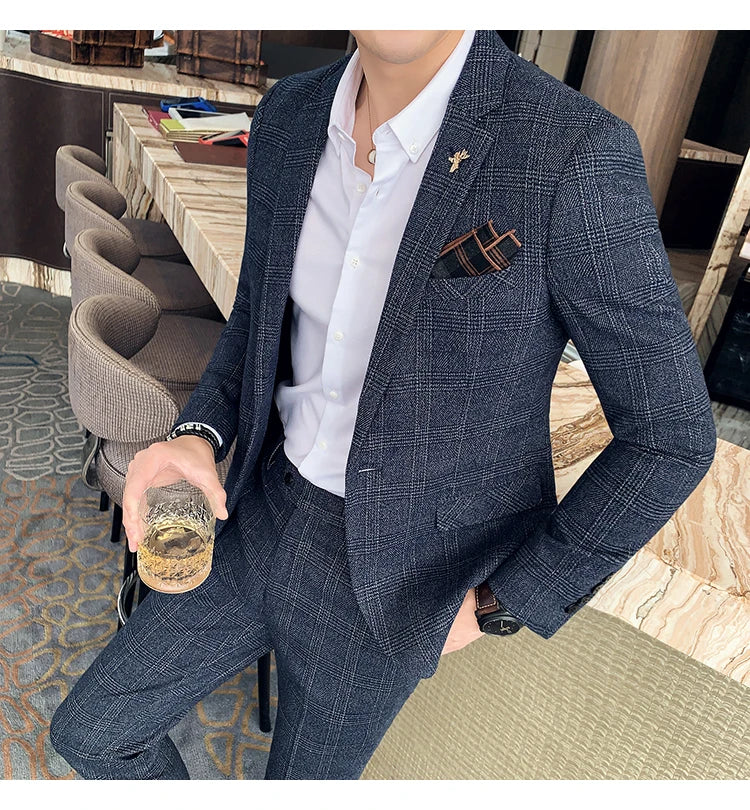S-7XL Jacket + Pants / Luxurious High -end Brand Solid Color Men's Casual Business Slim Suit Two -piece Suit Groom Wedding Suit
