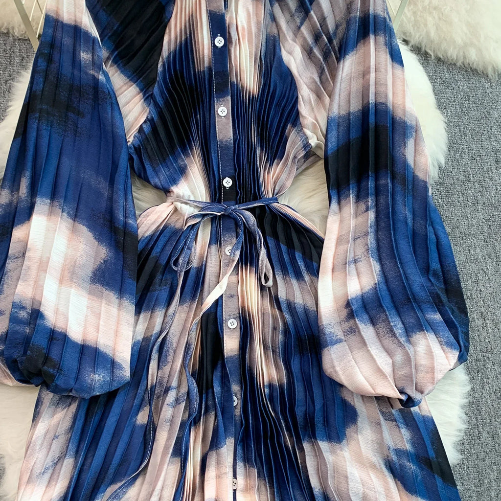Printed round Ne Lantern Sve Dr Women's Single Button Waist Cinch Maxi Skirt Long Dr Commute Sle Autumn