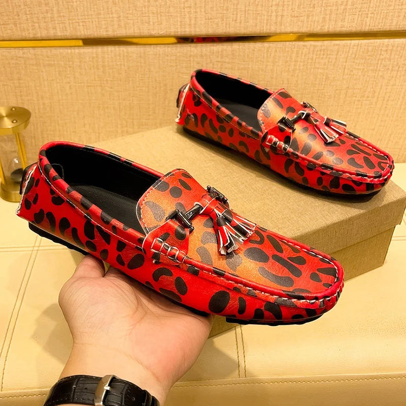 Fashion Red Leopard Leather Casual Shoes Man Designer Tassels Loafers Men Comfortable Slip-on Men's Driving Shoes Large Size 48