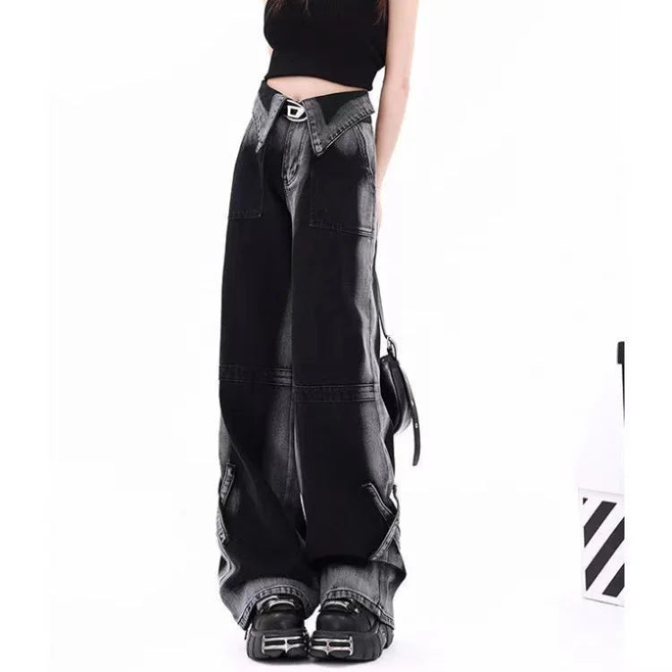American Style Color Block Spicy Girl Wide Leg Jeans