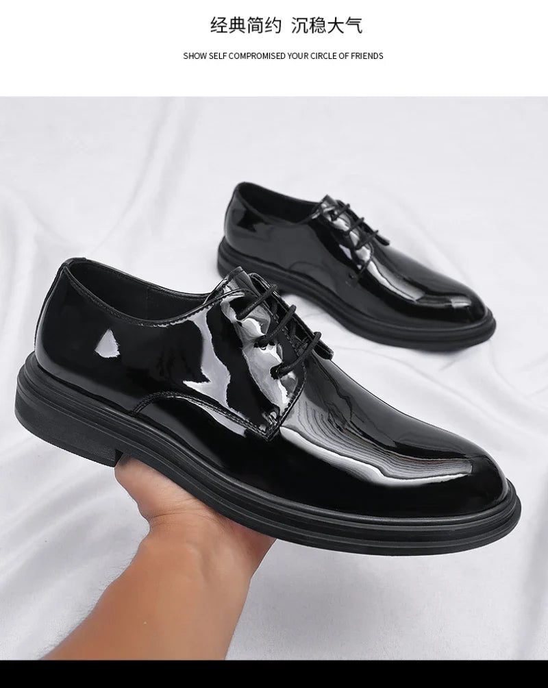 Mens Black Patent Leather Lace Up Dress Shoes With Thick Sole Platform Block Heel Formal Business Wedding Party Office Work Shoe