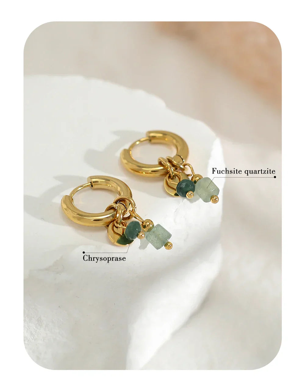 18K Gold Plated Stainless Steel Hoop Earrings for Women Vintage Green Natural Stone Charms Trendy Waterproof Jewelry