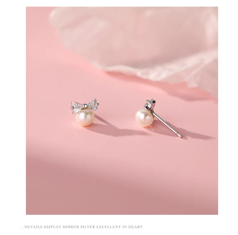 Korea Exquisite Vintage Zircon Pearl Bow Sweet Stud Earrings for Women 925 Sterling Silver Jewelry