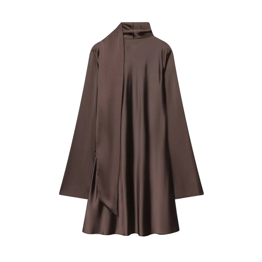 Women Fashion Satin Elegant Short Dress Summer Autumn New Long Sleeve Scarf V neck Mini Dress Female Elegant Party Dresses