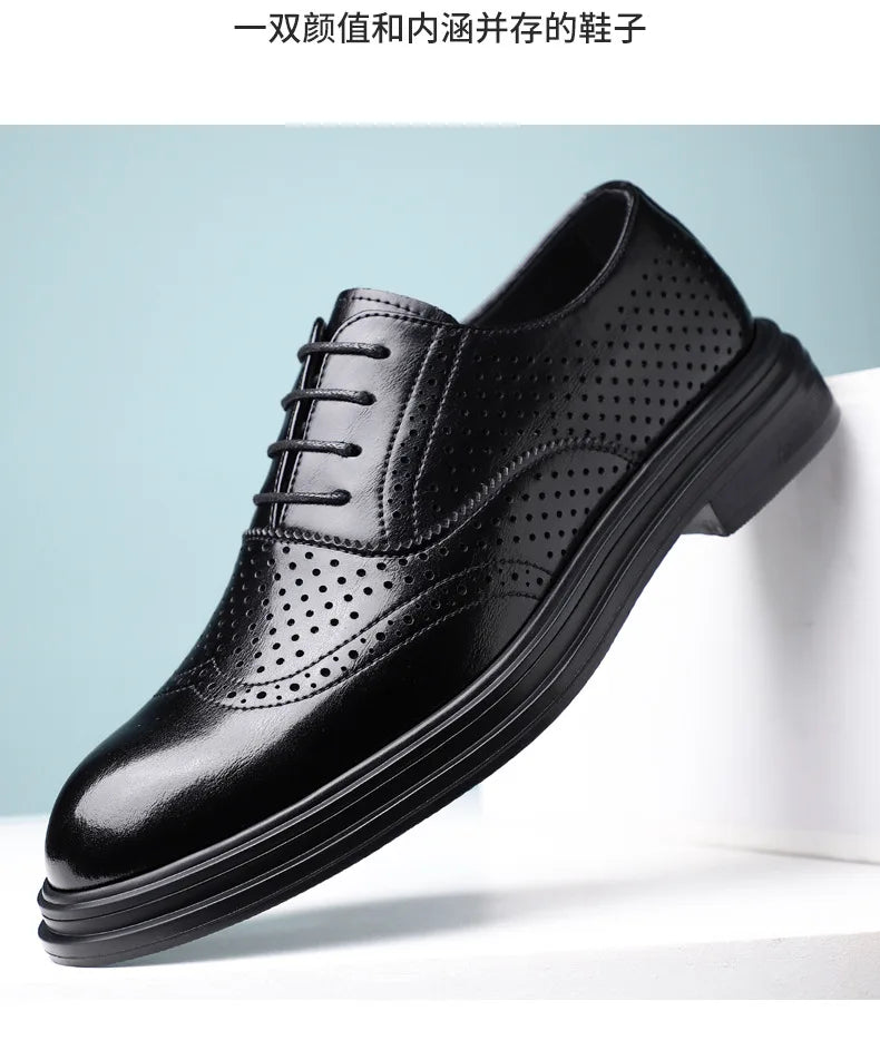 Spring Summer Hallow Leather Shoes for Men 3 6 8cm Increase Fashion Dress Shoes Male Black Business Casual Shoes Man