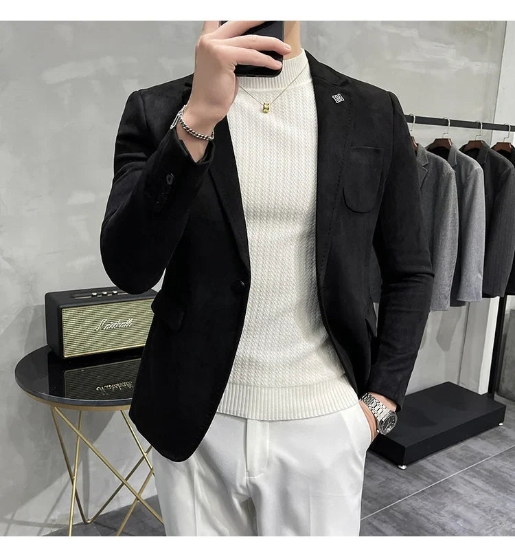 Plus Size 4XL-M Autumn Deerskin Velvet Jackets Blazer 6 Color Men Business Slim Blazers Hommes Casual Wedding Tuxedo Suit Coat