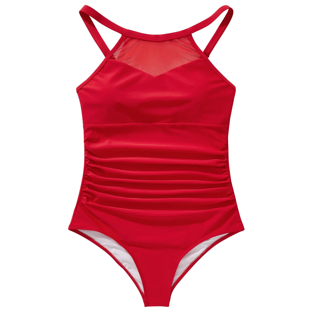XL Size One Piece Swimsuit Women Mesh Hollow Out Swimwear For Women Solid Padded Push Up Plus Size Summer Bathing Suits Female