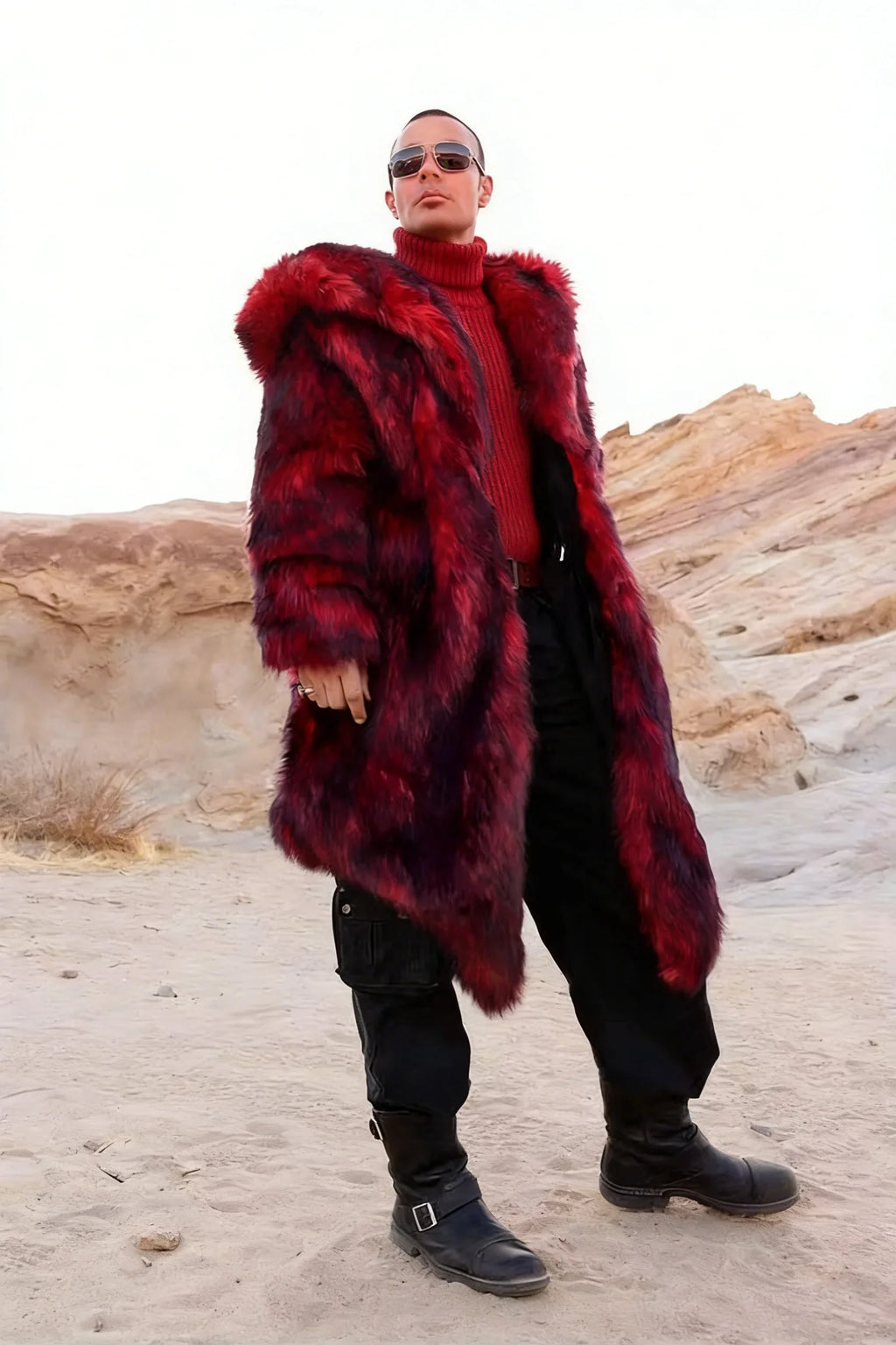 Autumn/Winter Long Warm Fluffy Faux Fur Coat Red Men's Long Sleeve High Quality Luxury Fluffy Coat