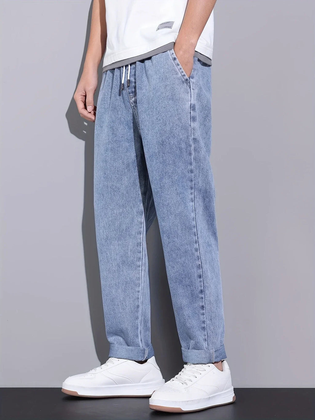 Men's Straight-Leg Jeans with Adjustable Drawstring Waist, Made of Breathable and Soft Fabric, Loose Casual Style.