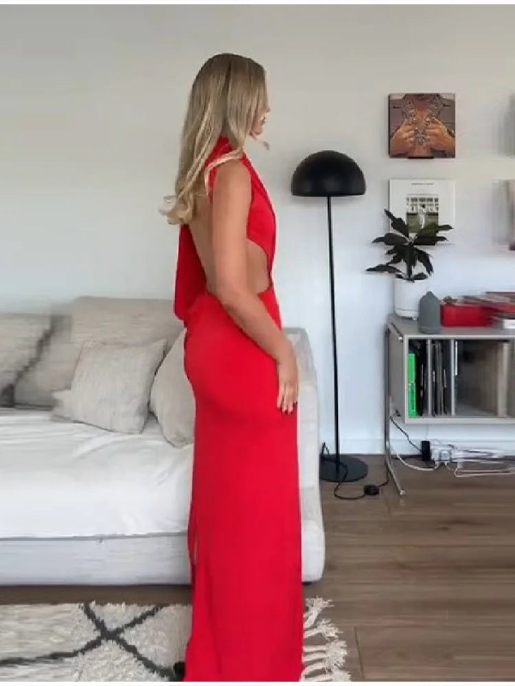 Red Asymmetrical Draped Backless Maxi Dress One Shoulder High Neck Cutout Bodycon Evening Gown For Women Formal Party