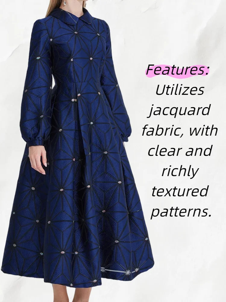 Fall/Winter Turned Collar Lined Sleeve A-Line Silhouette Geometric Heavyweight Jacquard Elegant and Graceful Long Dress