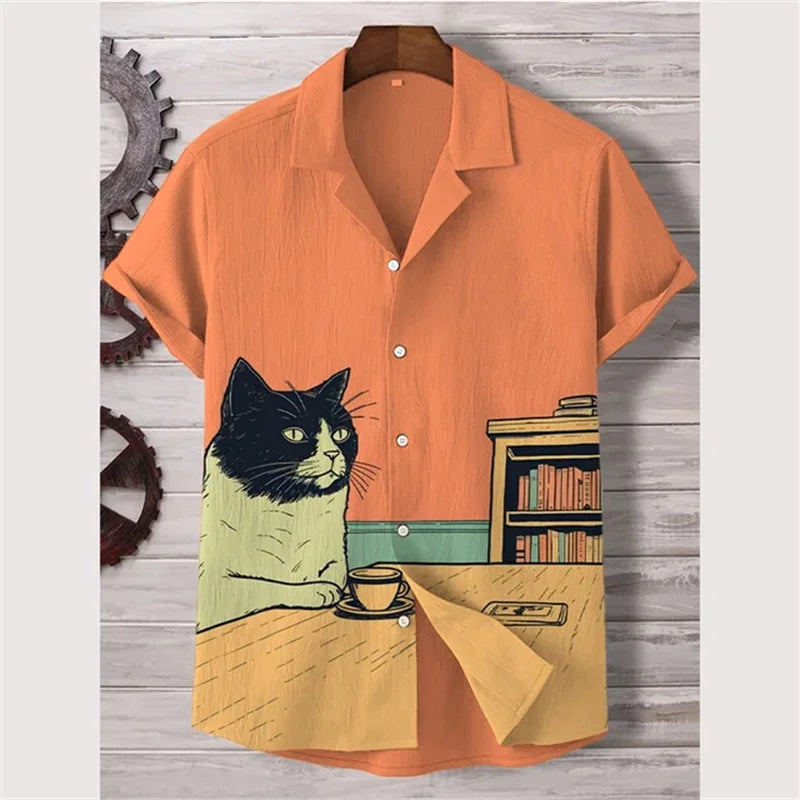 Short sleeved high-end shirt top printed street party social fashion 2024 men's shirt plus size elegant and handsome dog