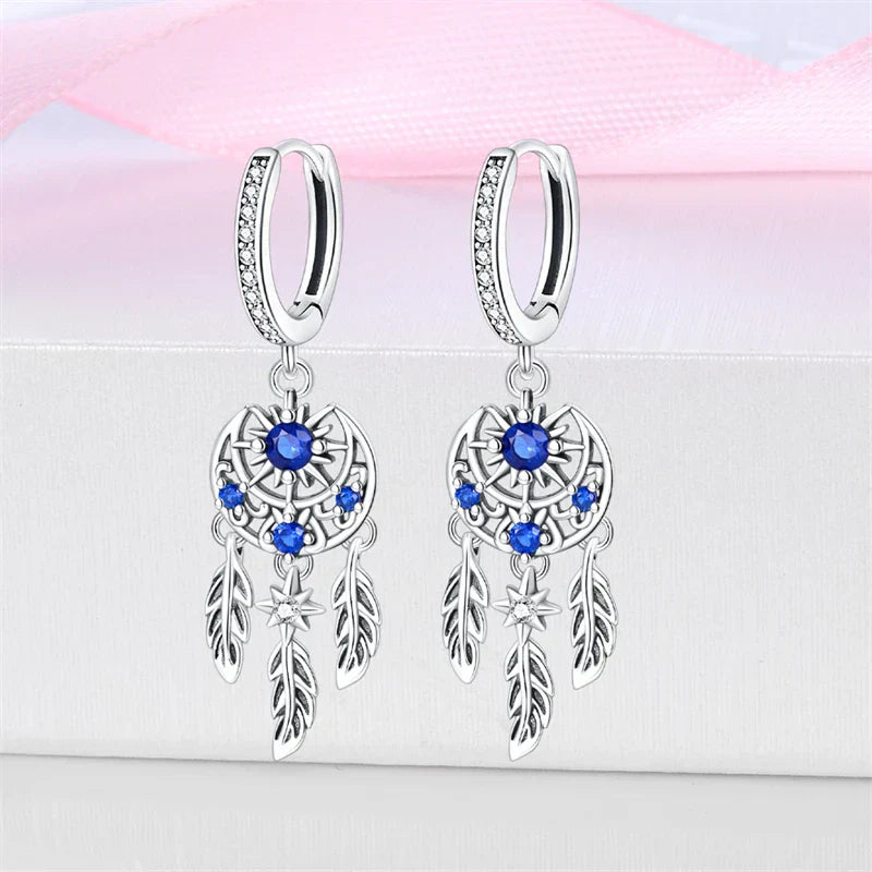 New in 925 Silver Romantic Feather Moon Stars Dream Catcher Earrings For Women Trending Fashion Jewelry Creative Birthday Gifts