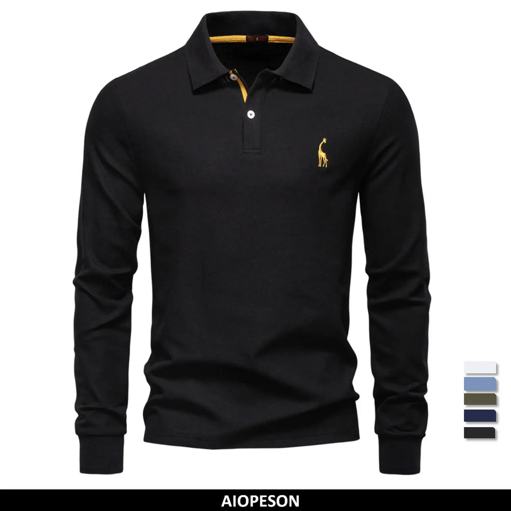 2025 Business Casual Polo Shirt Men Solid Color Long Sleeve Cotton Rich Blend Breathable Polos Male
