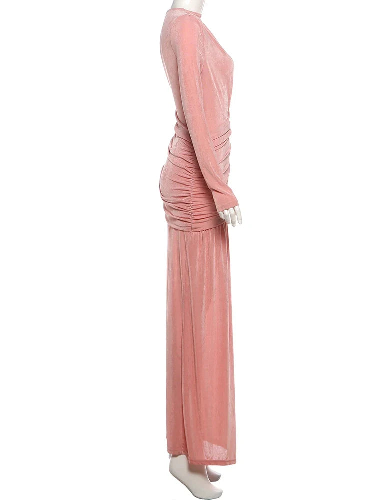 Nibber Folds Maxi Dress Women o-Neck Full Sleeve Solid Banquet Elegant Vacation Fashion Autumn Skinny Casual Simple Vestidos