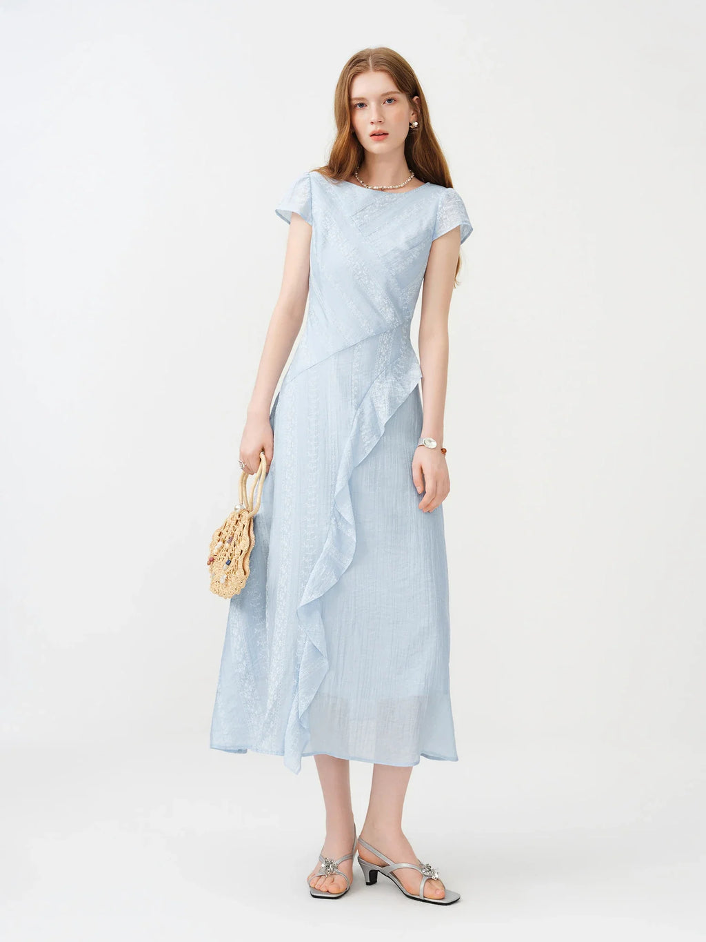 Women 2026 Summer New Arrival Soft Lyocell Dress Ruffled Waist-Cinched Bias Cut Slimming Elegant Commuter style Midi Dress