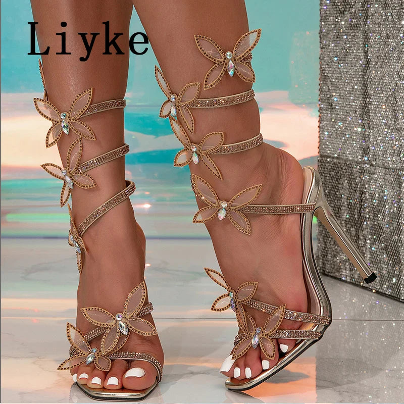 صنادل نسائية Liyke Fashion Glitter Rhinestones كريستال فراشة مربعة الأصابع أحذية حفلات الزفاف المثيرة بكعب عالٍ أسود أزرق