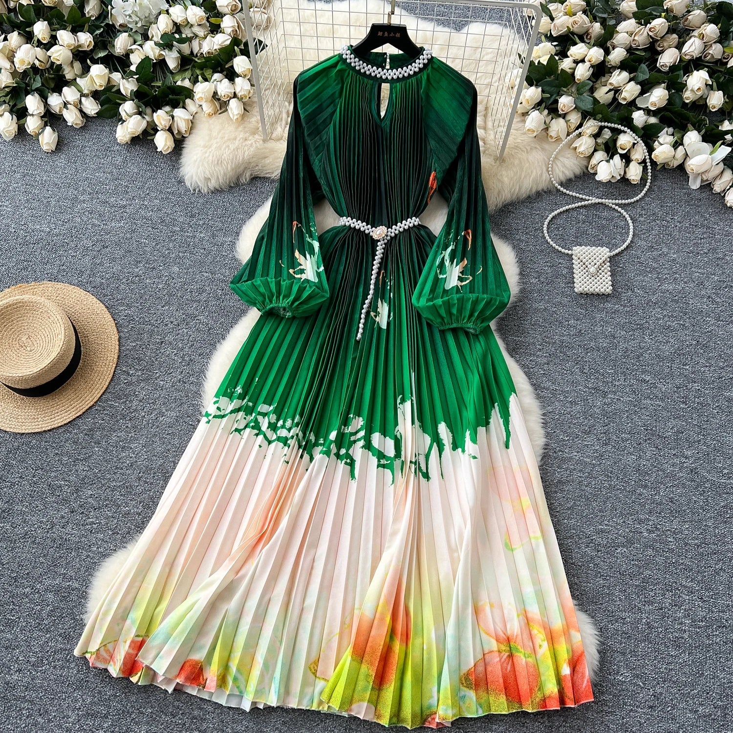 High-End Women's Dr Faionable Beaded round Ne Hollow out Pleated Lantern Sve Waist Cinched Floral Print Lon...