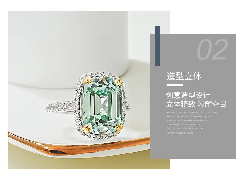 Luxurious light green tourmaline 925 sterling silver ring set with high carbon diamond temperament niche and versatile for women
