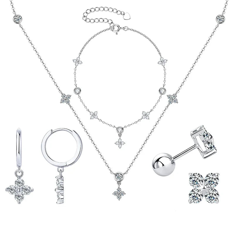 Moissanite Necklace Bracelet Earring 925 Sterling Silver Four Leaf Flower Pendant Moissanites Jewelry Set For Wedding Gift