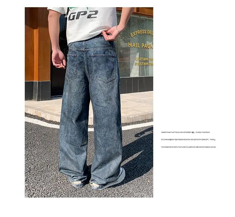 American-style distressed wide-leg jeans, loose-fitting washed and distressed straight-leg jeans, trendy brand.