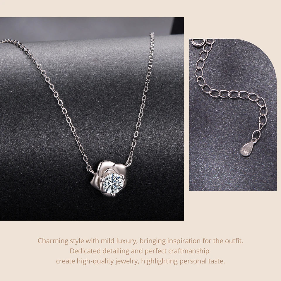 0.5CT Moissanite Rose Flower Pendant Necklace 925 Sterling Silver Round Cut Diamond O-Chain for Women Valentine's Day