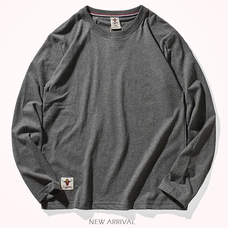 Autumn American Retro Long Sleeve O-neck Solid Color T-shirt Men's Fashion Simple 100% Cotton Washed Old Casual Bottoming Tops