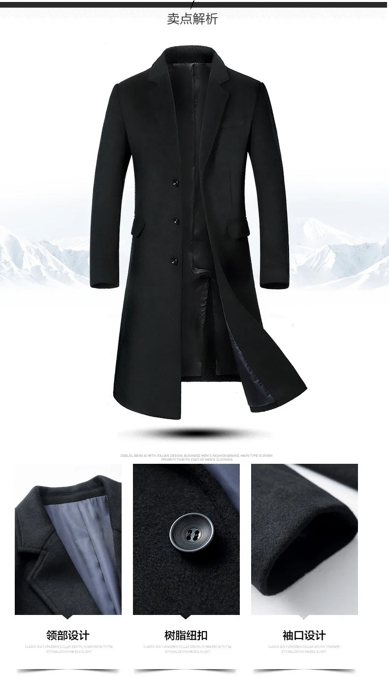 Men's High-Quality Autumn Winter Wool Coat Long Fashion Trench Coat Over-the-Knee Thick Cotton M-4XL
