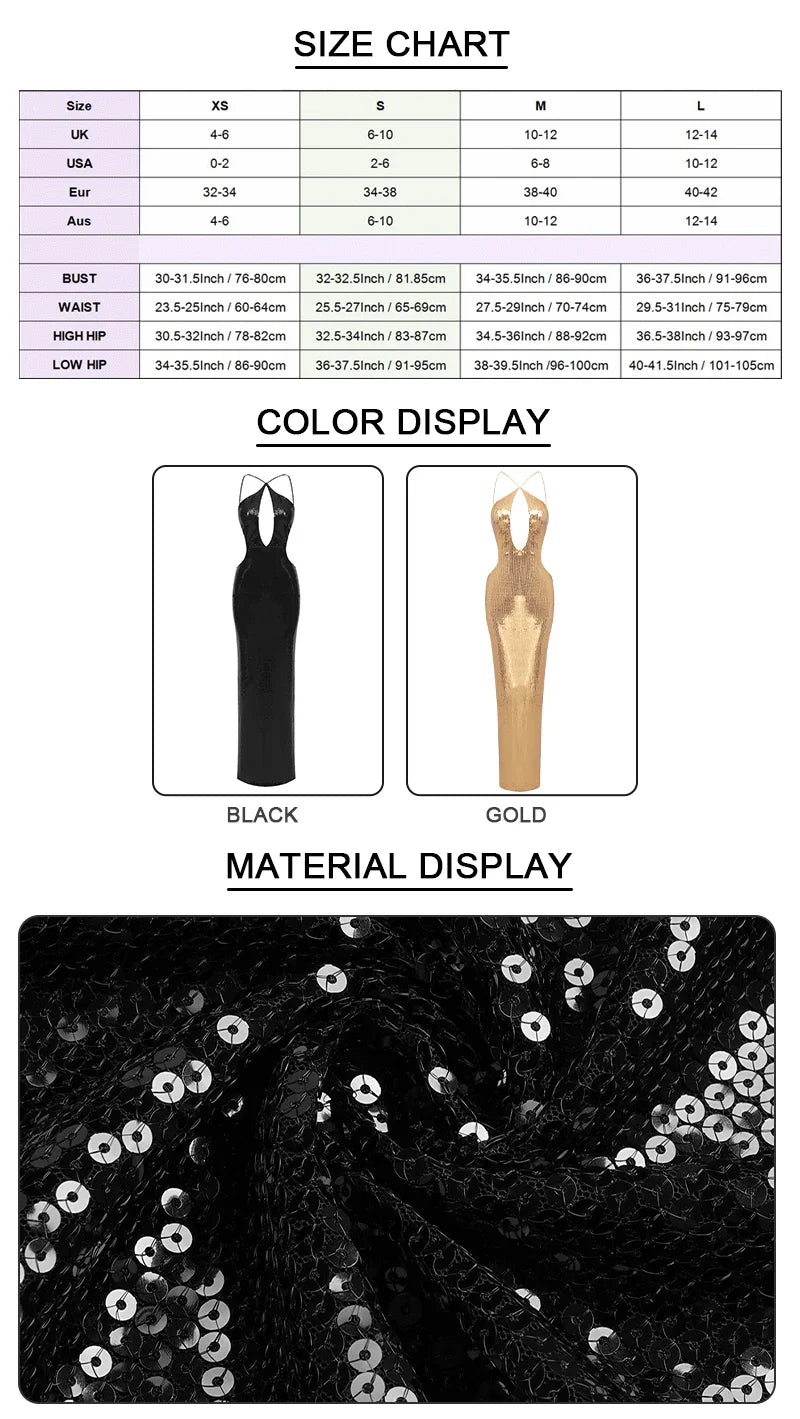 VC Women'S Gold Sequins Luxury Party Gown Sexy Backless  Long Dress For Wedding Banquet Party Female Clothing