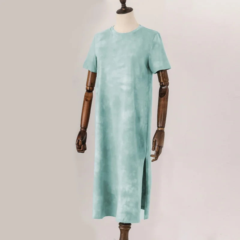 Original Casual 94% Cotton Summer Women's Dresses Solid Short Sleeve Spilt Long Midi Dress Fashion Sundress Female Clothing