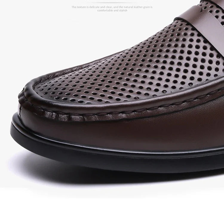 2026 Summer New Men's Breathable Leather Loafers Slip-On Hollow Out Casual Business Casual Shoes for Man Flat Driving Shoes Male