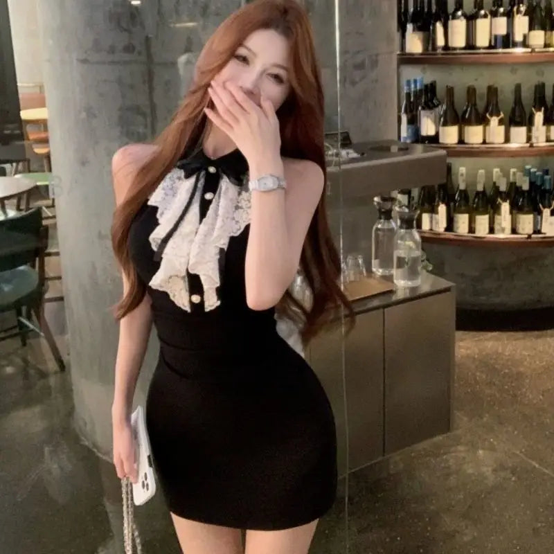 Kimotimo Hotsweet Y2k Dress Women Lace Splicing Bow Halter Waist Slim Fit Hip Mini Dresses Fashion Birthday Party Vestido Summer