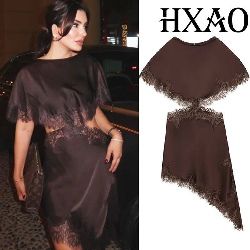 Cut Out Black Dress Woman Asymmetrical Lace Midi Dress Cape Sleeve Elegant Party Dresses Women Sexy Luxury Cocktail Dress