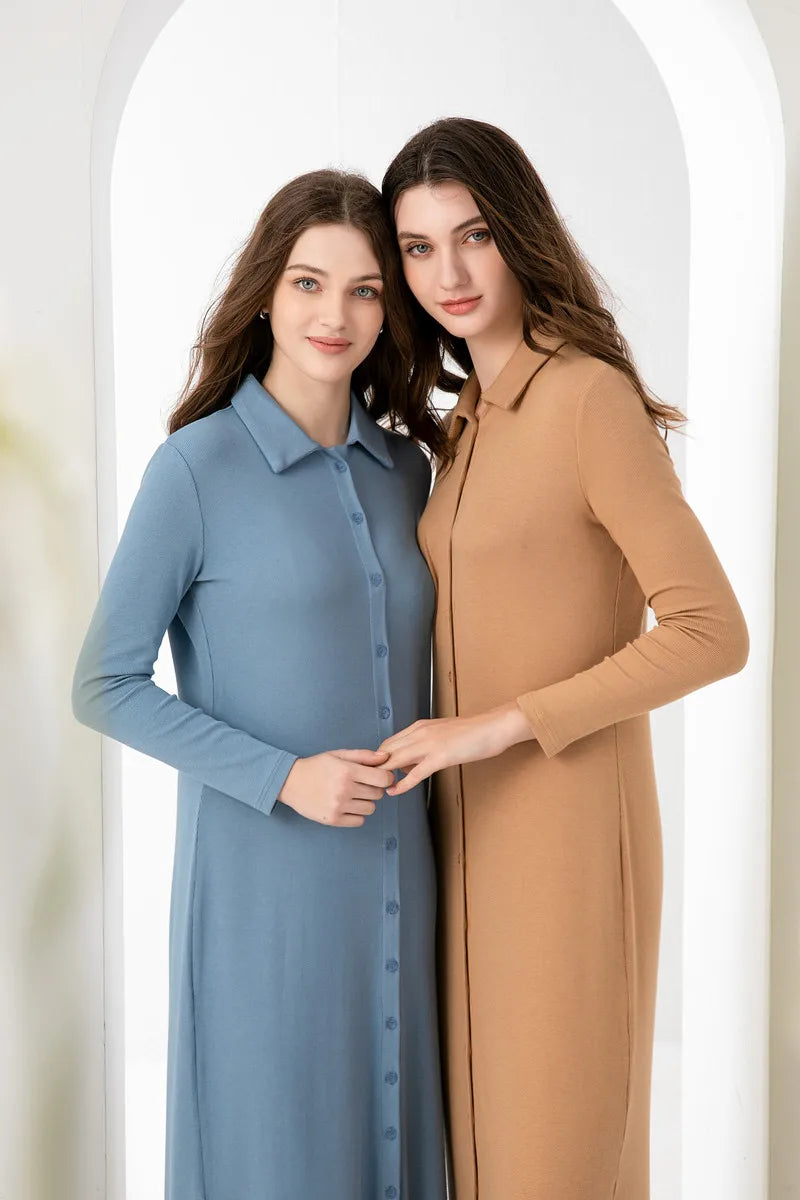 2024 maxi dress button design woman clothes full sleeve Ankle Length comfortable ribbing clothing  ( Ship out in 1 day)