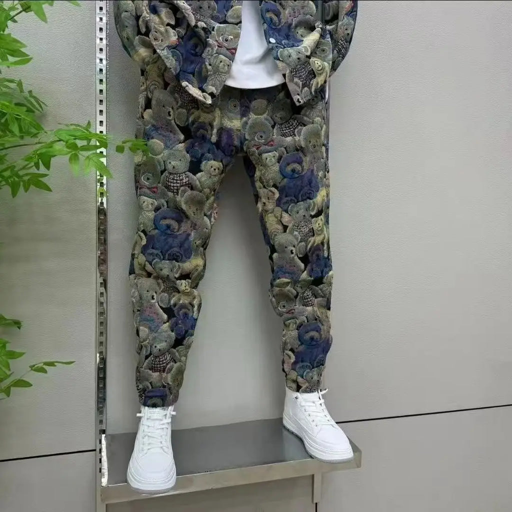 Spring Autumn Men's Sets Fashion Bear Printing Jacket  Trousers Two-Piece Leisure Sports Suit