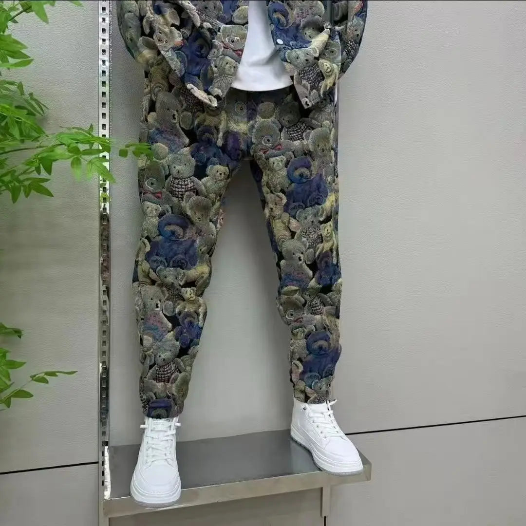 Spring Autumn Men's Sets Fashion Bear Printing Jacket  Trousers Two-Piece Leisure Sports Suit