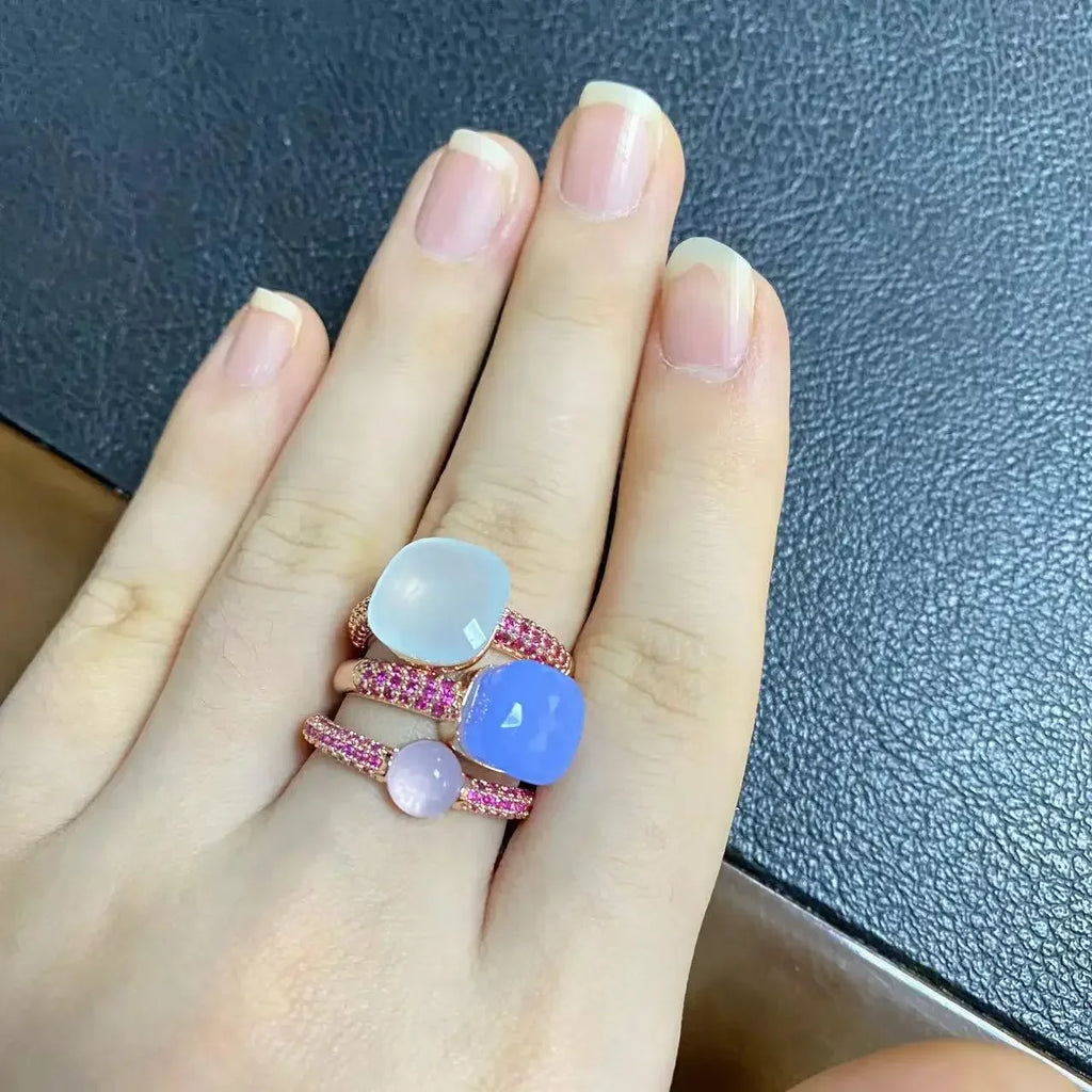 3Pcs/Set Nudo Ring Stacking Set for Women Mix Color Candy Crystal Inlay Zircon Amethyst Blue Topaz Round Jewelry Gift
