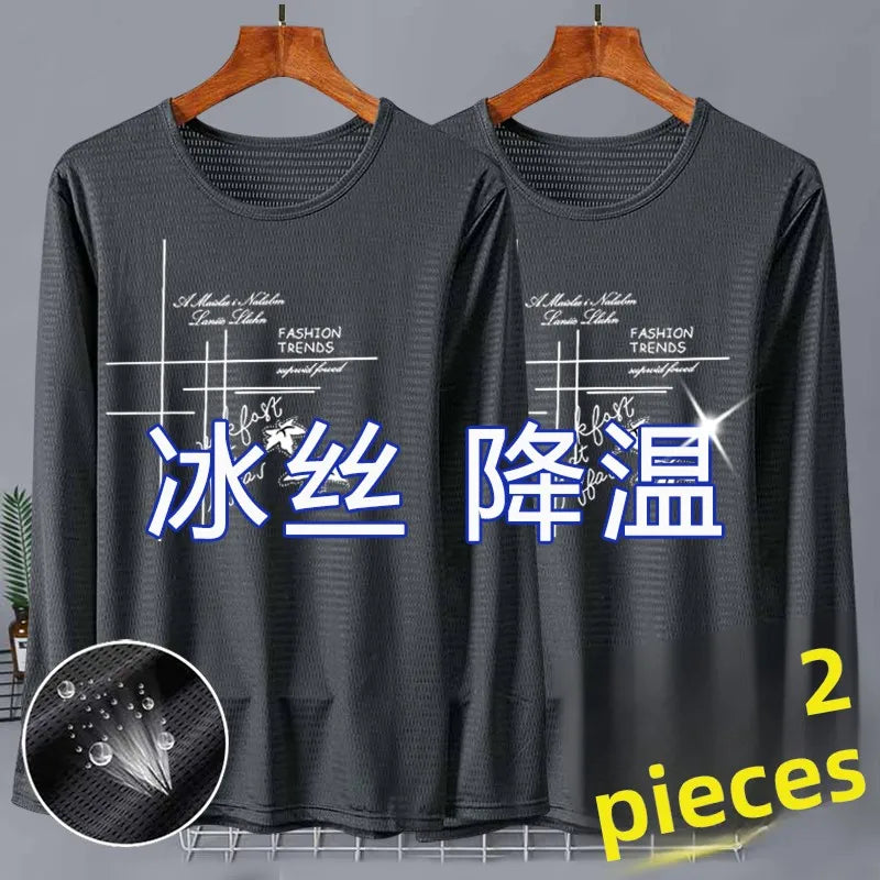 New 2025 Men's Ice Silk Breathable Sun Protection Hollow out Thin Long Sleeve Casual Sports T-Shirt Large Size Loose Fit