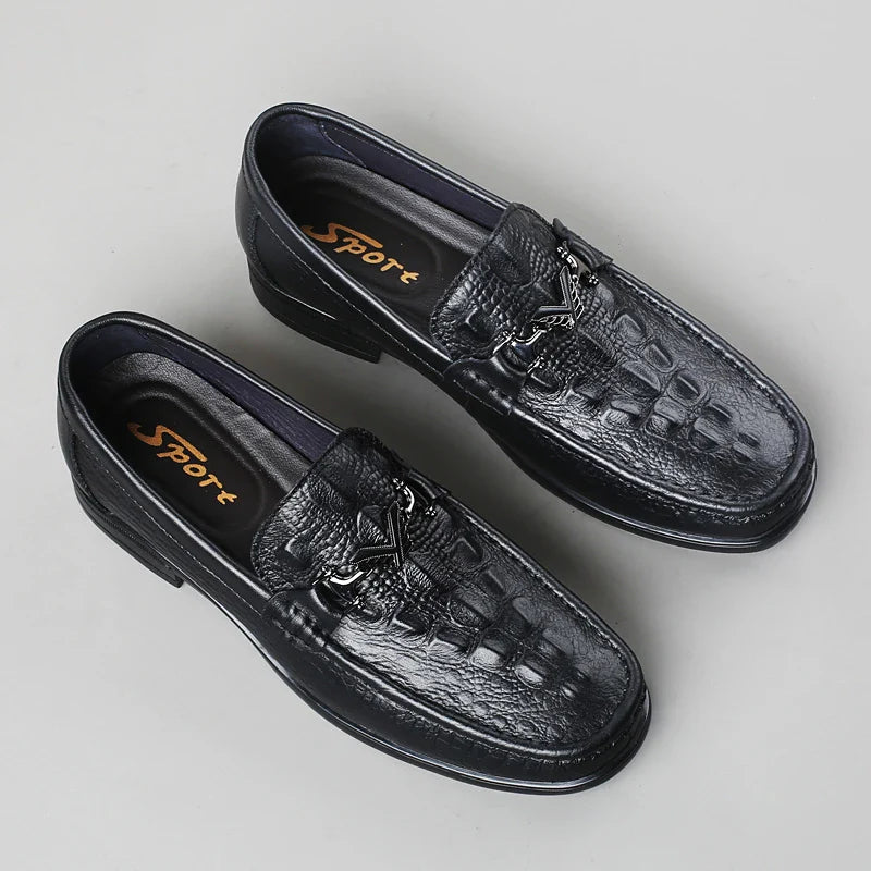 High Quality Round Toe Breathable Loafers Fashionable Brand Men's Comfortable Crocodile Patterned Casual Cowhide and Bean Shoes
