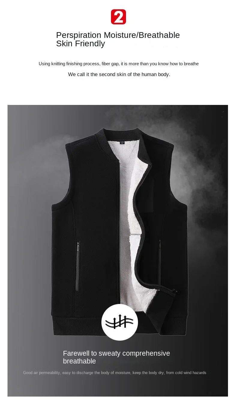 Men Winter Vest Sleeveless Stand Collar Solid Color Fleece Thick Keep Warm Plus Size Neck Protection Winter Waistcoat for Daily