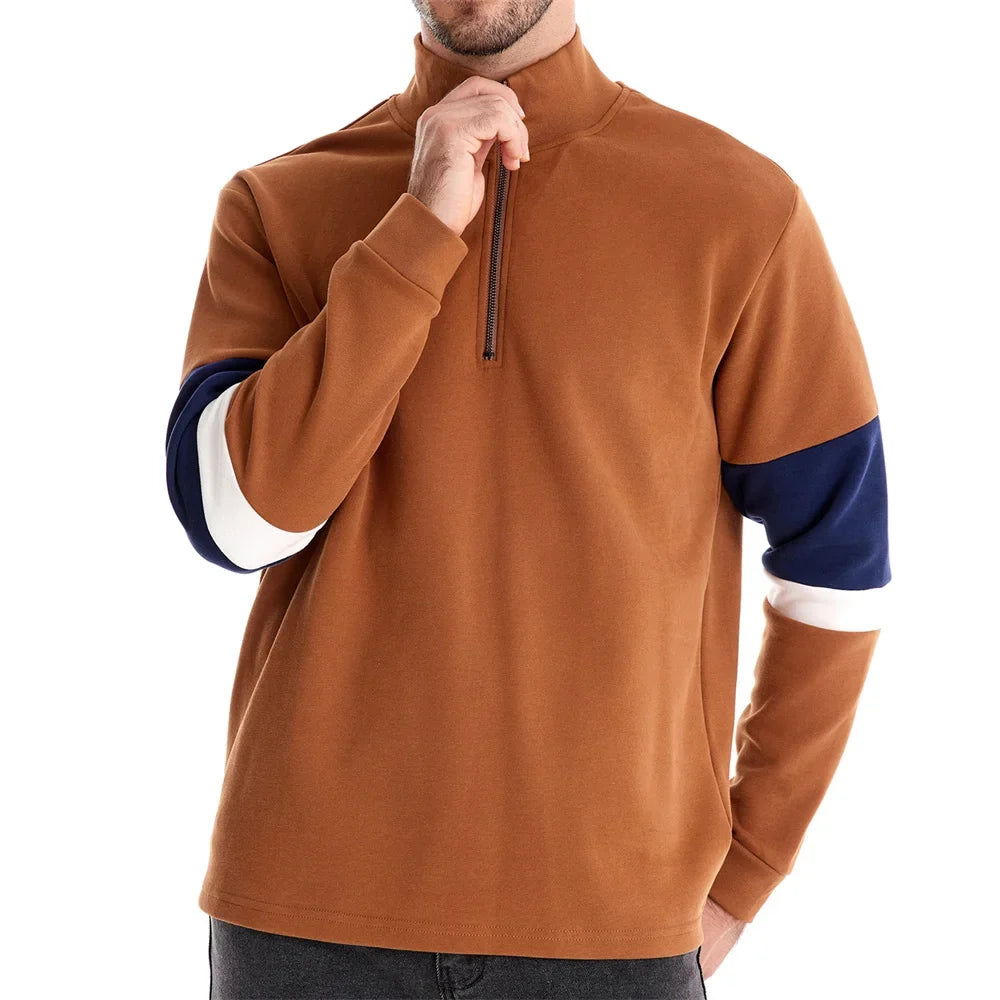 Mens Mock Neck Quarter Zip Sweatshirts Patchwork  Fashion Pullover Cotton-blend Sweatshirt for Men