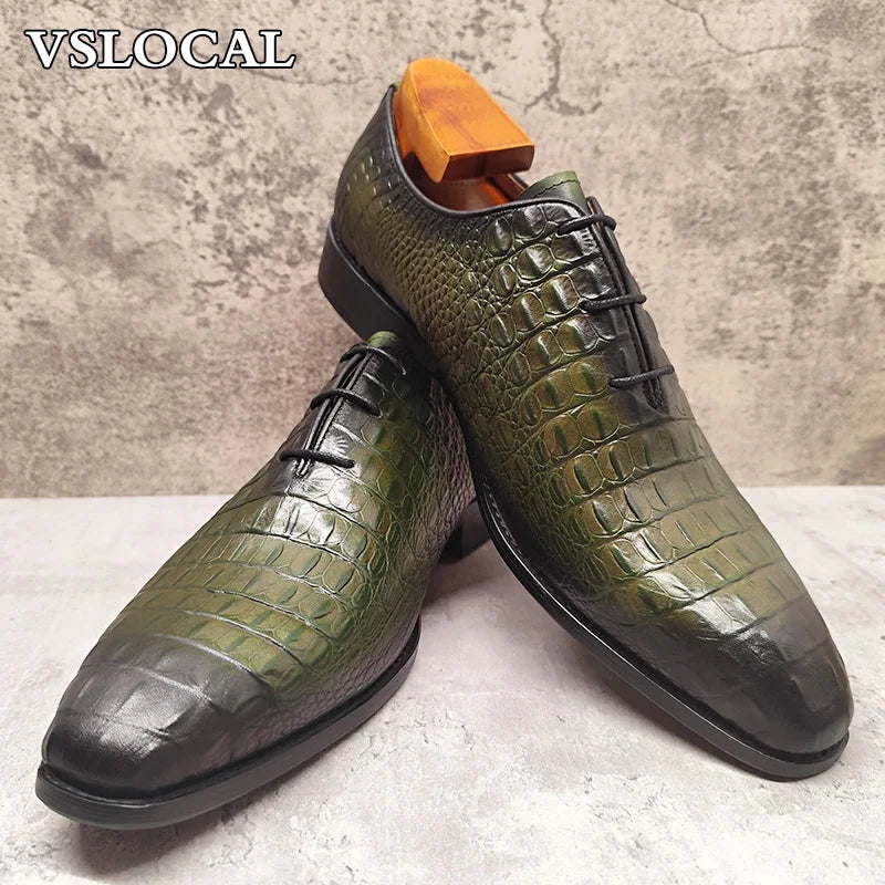 Luxury Men Oxford Shoes Green Black Croco Print Casual Mens Dress Shoes Lace up Wedding Office Genine Leather shoes men