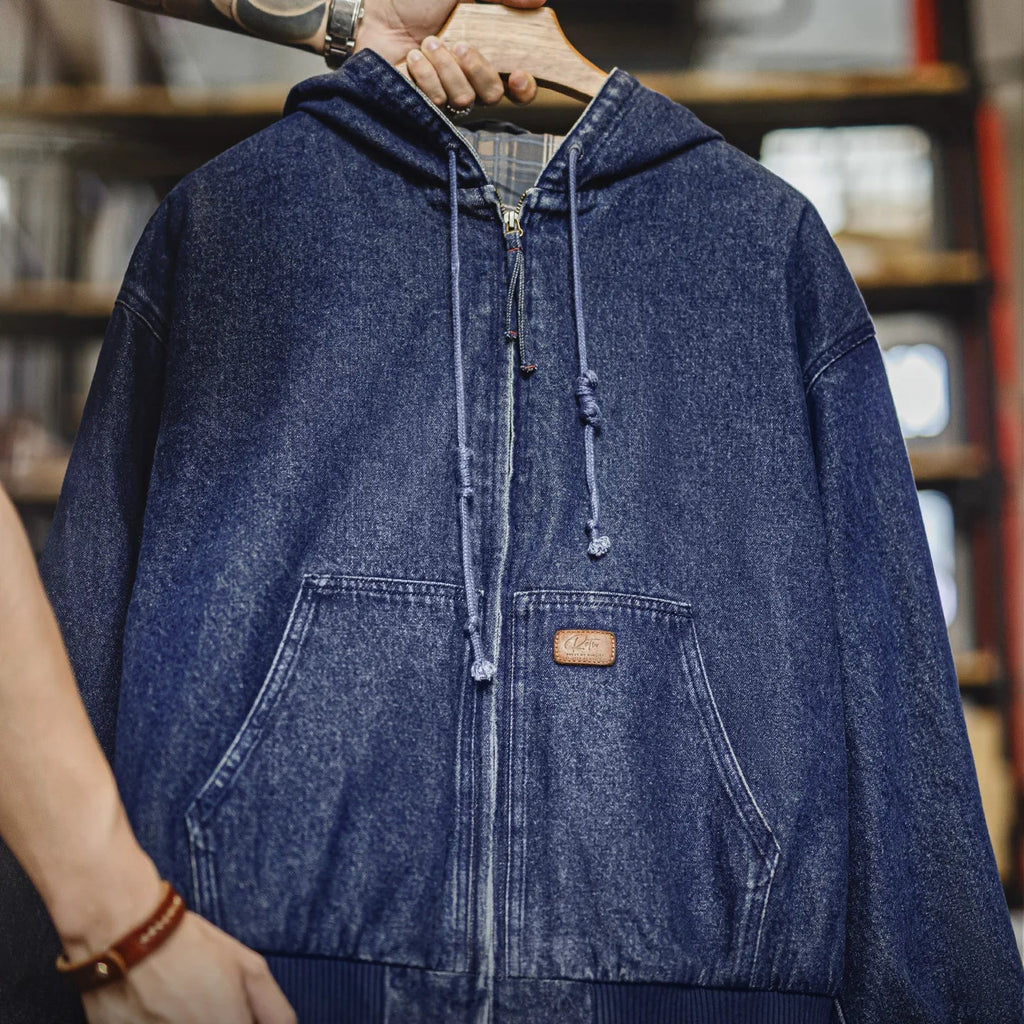 Retro Men's J130 10.5oz Denim Jacket Heavyweight Washed Aged Hooded Jacket Zipper Work Coat with Large Pockets for Fall