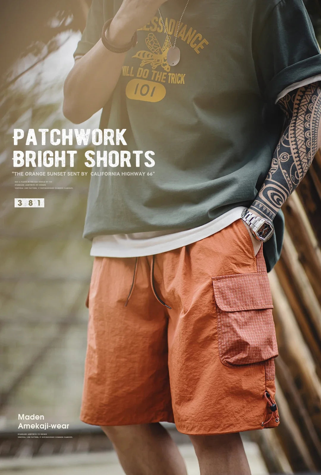Summer Men Straight Shorts Orange Patchwork Gingham Loose Beach Pants Plus Size Shorts Elastic Waist Light Breathable