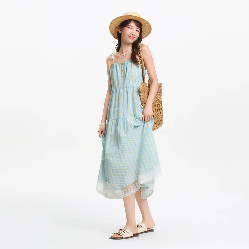 Textured Striped Dress Women Sweet 2025 Summer New Vacation Style Lace Strapless Sundress