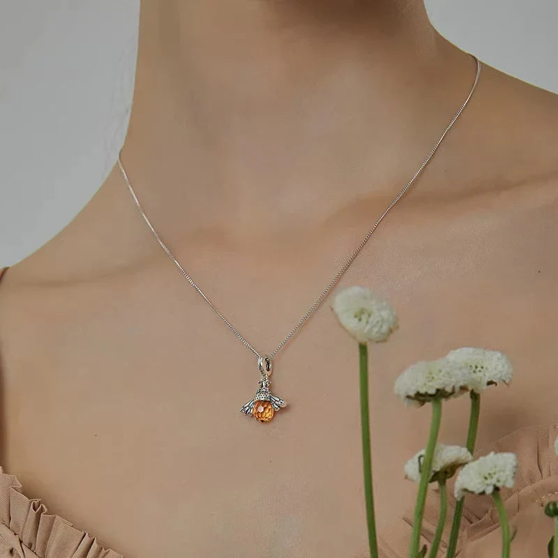 925 Sterling Silver Lovely Orange Bee Insect Pendant Necklace for Women 14K Gold Plated Jewelry Birthday Gift 2 Colors
