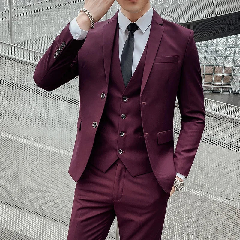 Suit Men's (Blazer+ Vest + Pants) 2025 Business Gentleman Fashionable and Fitted Casual Work Solid-color Wedding Best Man Suit