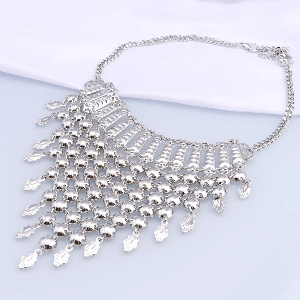 New Tassels Silver Plated Necklace Earrings Bracelet Ring Set for Women Bridal Chains Ethinc Wedding Jewelry Bride Gifts