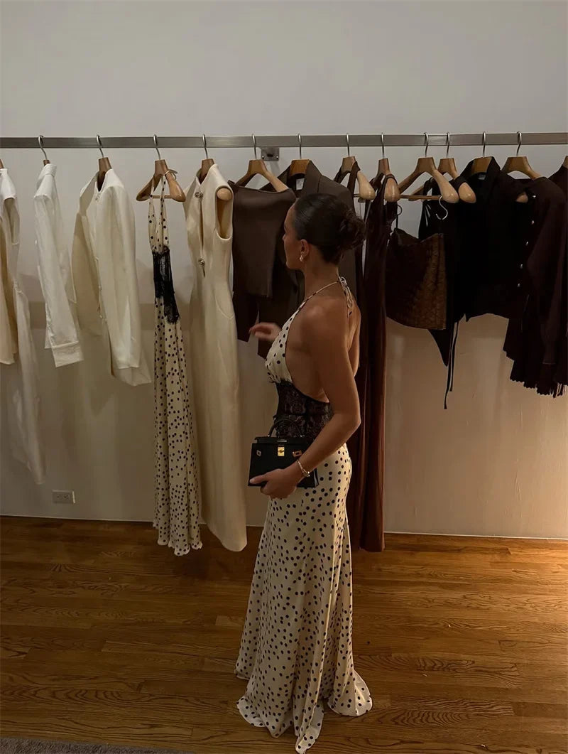 Polka Dot Backless Sexy Maxi Dress Women Gown Elegant Patchwork Lace Halter Deep V Neck Sleeveless Bodycon Club Dress