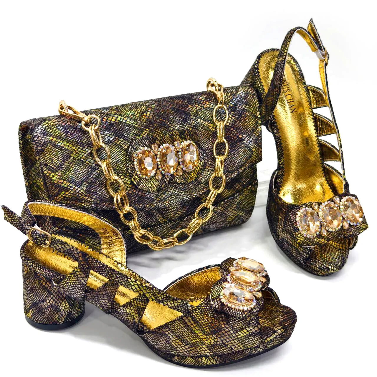 Shiny Peep Toe Women Chunky Heel Fashion Rhinestone Decoration Shoes And Bag Set